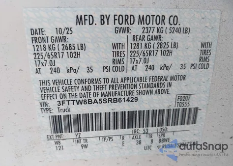 2025 Ford Maverick Xl z USA, uszkodzony, nr VIN 3FTTW8BA5SRB61429